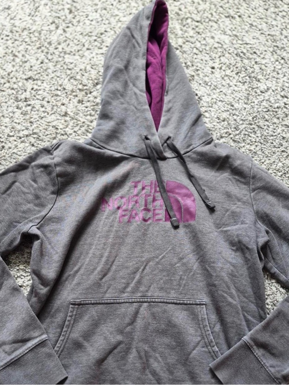 The North Face Gray Hoodie with Purple Logo and Lined Hood. Size M.